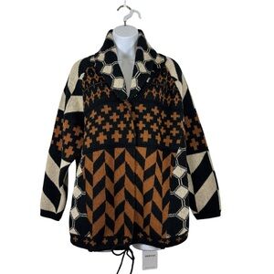 Skikyan Oversized Geometric Knit Sweater Jacket Black Tan One Size Boho Artsy